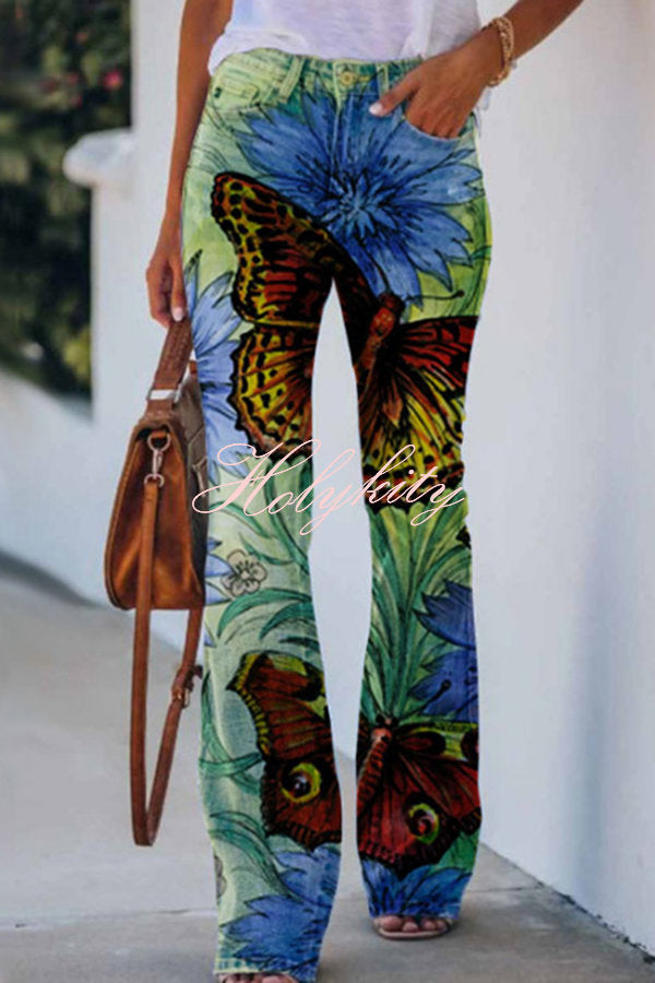 On A Drive Printed Faux Denim High Rise Flare Pants