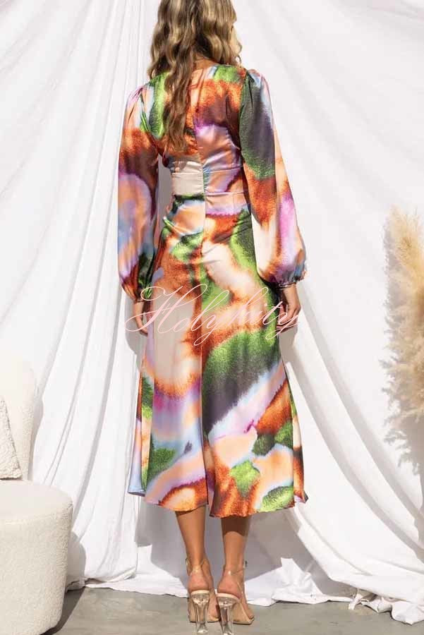 Own The Evening Satin Neon Print Cutout Midi Dress