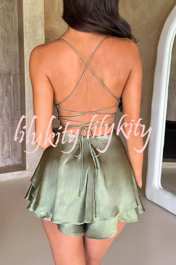 Ruffled Elegant Satin Strappy Satin Backless Lace Up Mini Dress