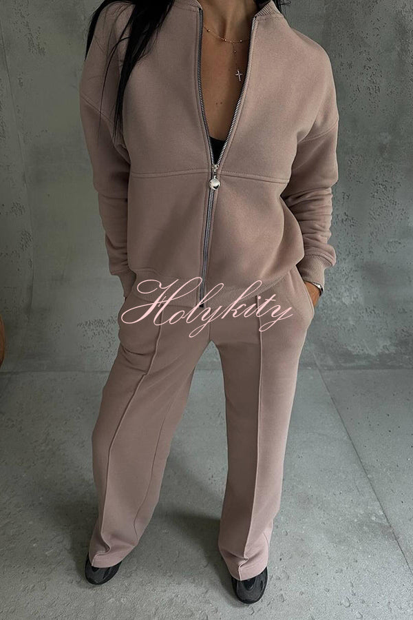 Solid Color Casual Long Sleeve Zipper Jacket and Elastic Waist Pocket Wide Leg Pants Set