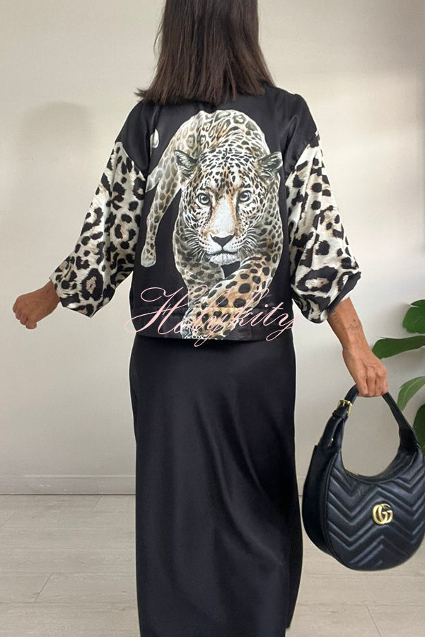 Shiloh Leopard Unique Print Zipper Drawstring Hem Bomber Jacket