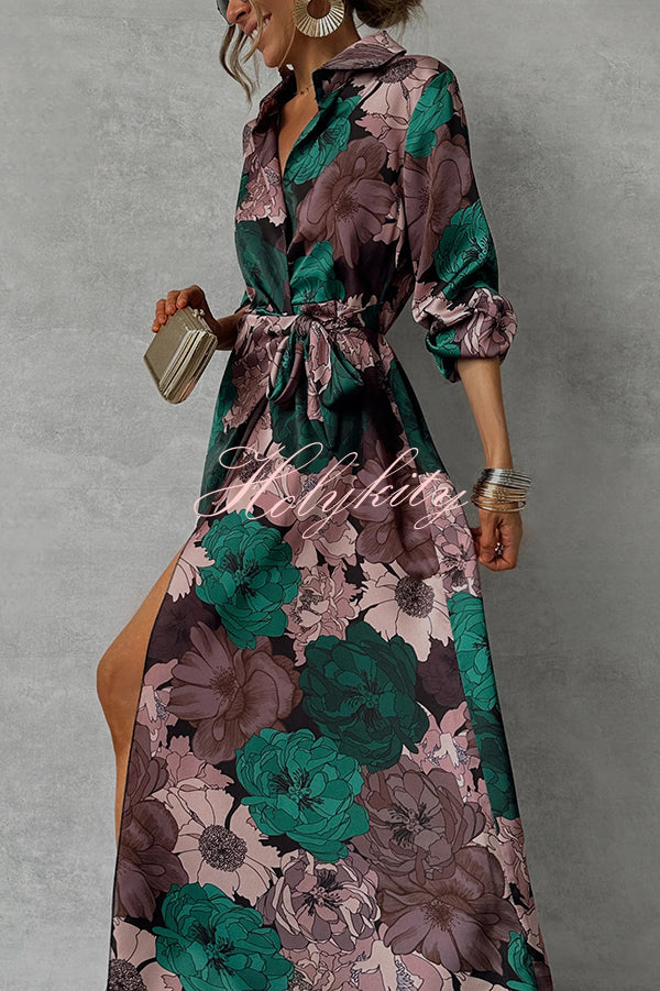 Floral Print Lapel Waisted Lace-up Long-sleeve Maxi Dress