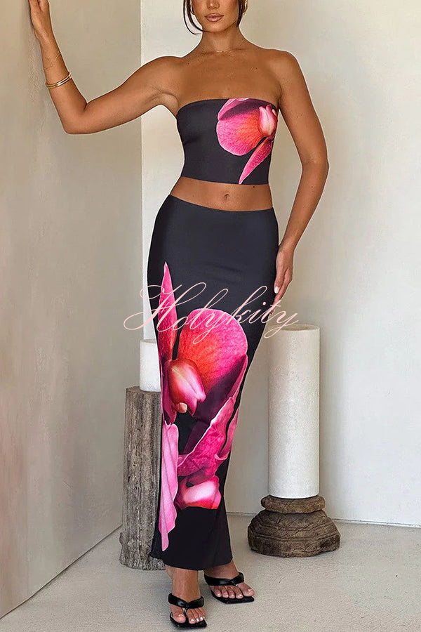 Allegra Abstract Floral Print Stretch Strapless Tank and Elastic Waist Maxi Skirt Set