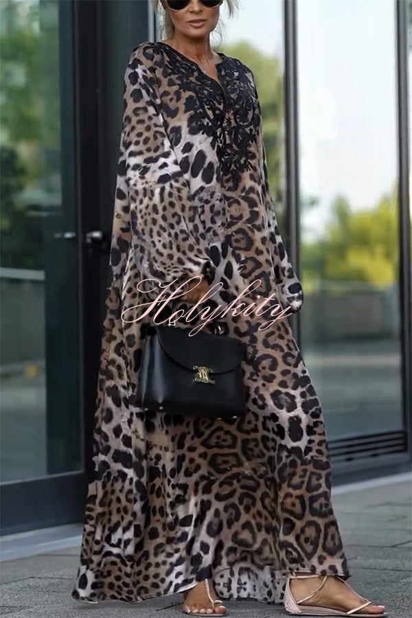 Rayna Lace Mixed Leopard Print Balloon Sleeve A-line Maxi Dress