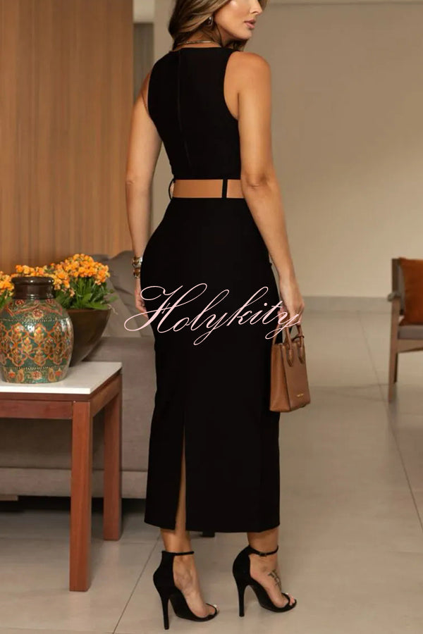 Solid Color Crew Neck Sleeveless Belted Midi Dress