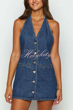 Corbin Denim Button Up Halter Neck Pocketed Mini Dress