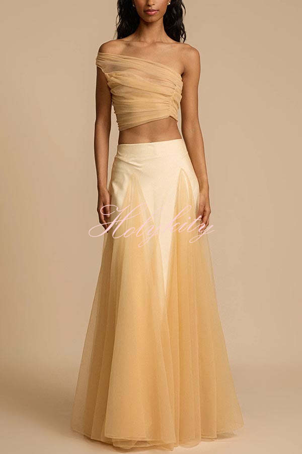 Romance Factor Satin Patchwork Tulle High Rise Elastic Waist A-line Maxi Skirt