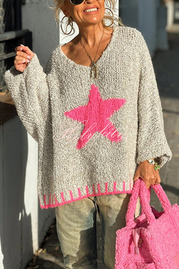 Warm Winter Day Texture Knit Star Pattern Contrast Color Loose Sweater