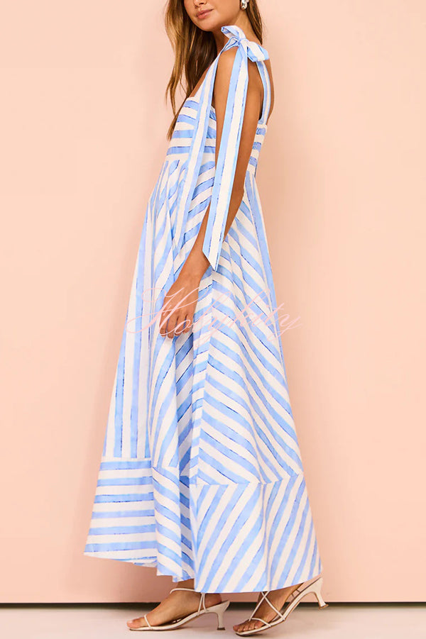 Treasured Times Stripe Print Tie-up Shoulder Pocketed A-line Maxi Dress