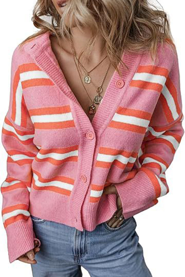 Colorblock Striped Knitted Long-sleeve Cardigan