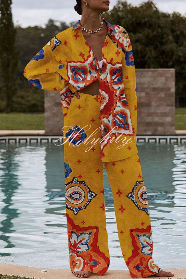 Exotic Unique Printed Buttoned Elastic Waist Pant Suit