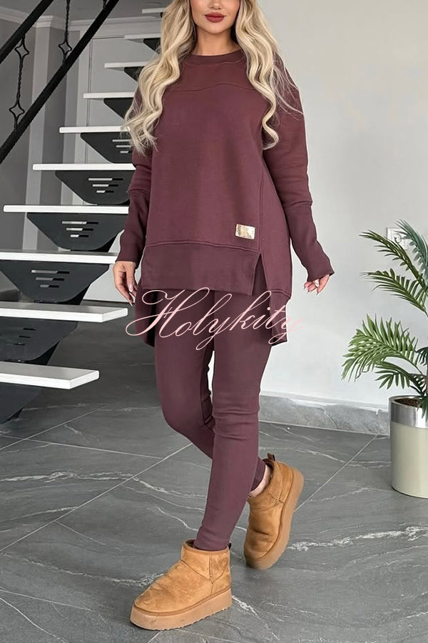 Solid Color Crew Neck Long Sleeve Top and Casual Stretch Pants Set