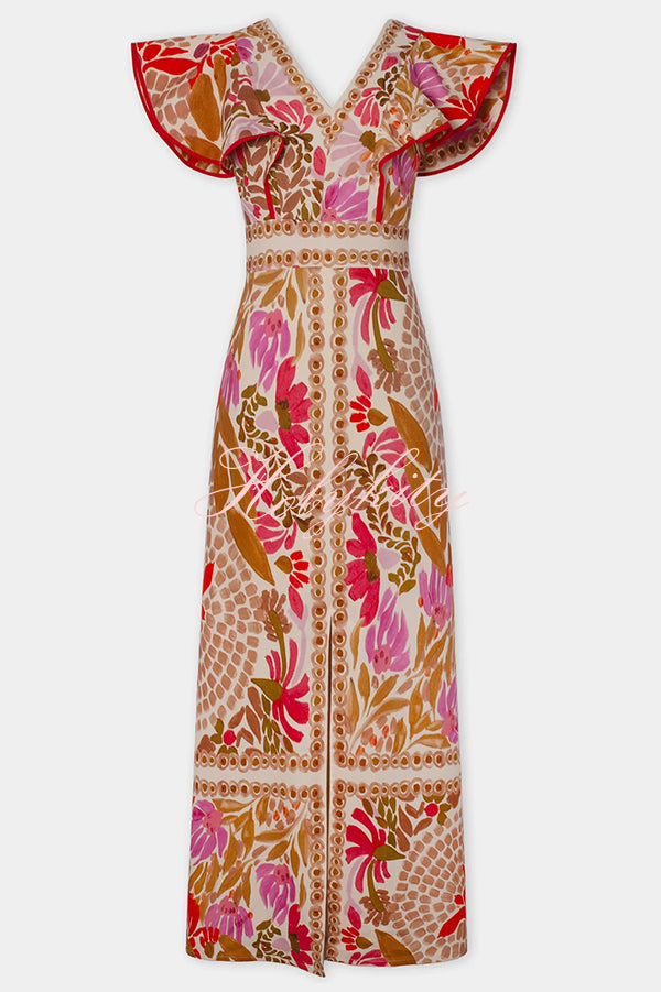 Unique Printed V-neck Open Back Ruffled Sleeves Slit Maxi Dress