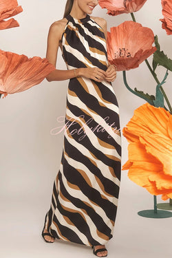 Uptown Cafe Satin Color Block Print Tie-up Neck Maxi Dress