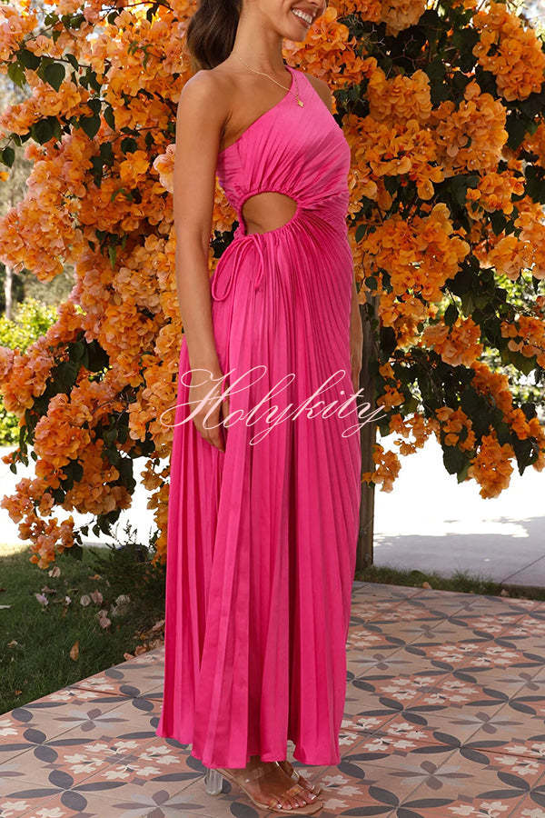 Charming One Shoulder Lace Up Cutout Pleated Maxi Dress