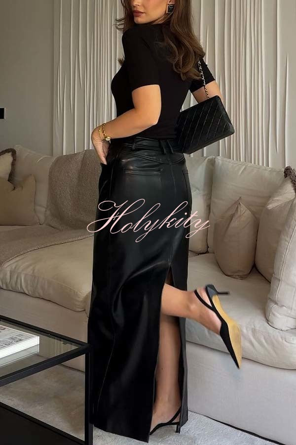 Classic Feel Faux Leather Mid Rise Pocket Slit Stretch Maix Skirt