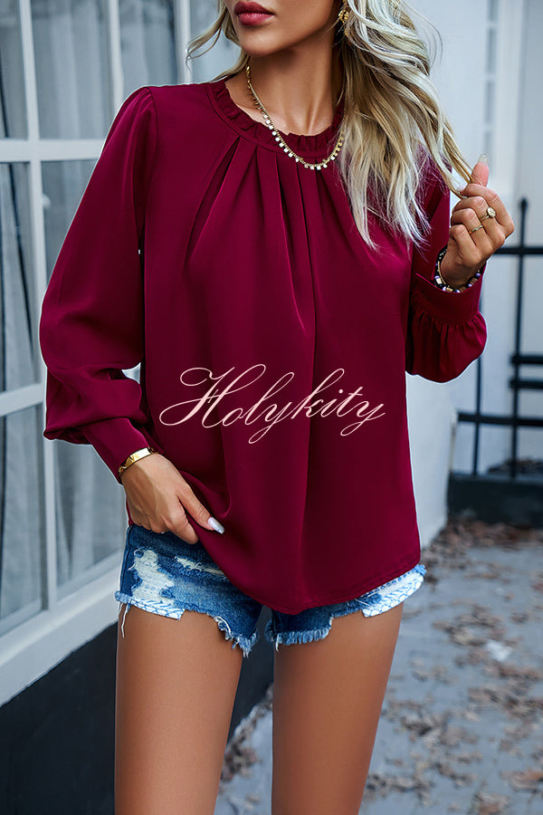 Elegant Round Neck Pleated Long Sleeve Solid Color Top