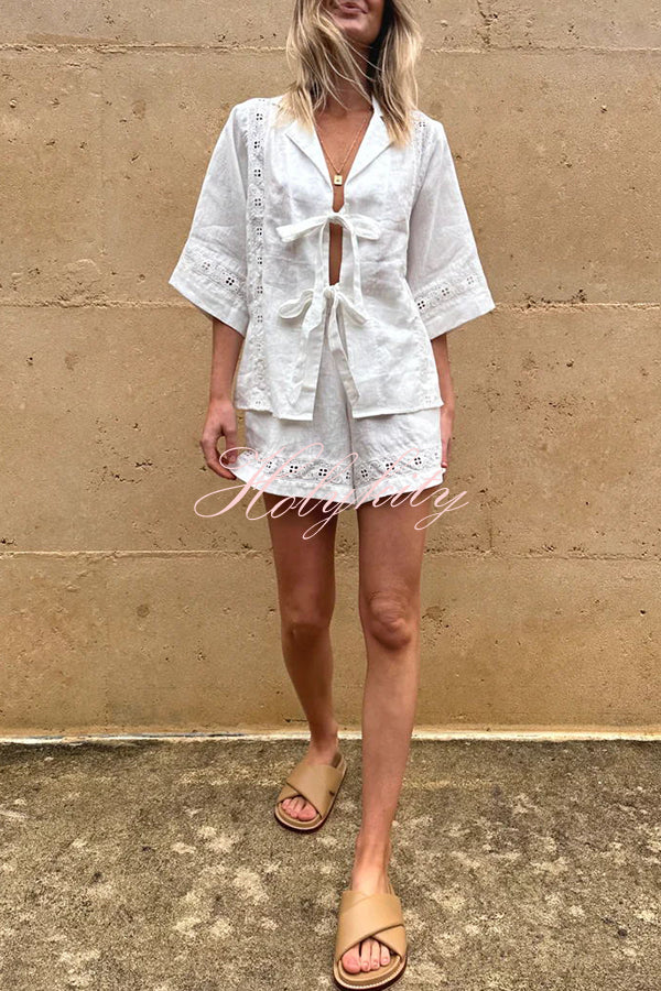 Celebrate Vacation Linen Blend Lace Splicing Tie-up Shirt and Elastic Waist Pocketed Shorts Set