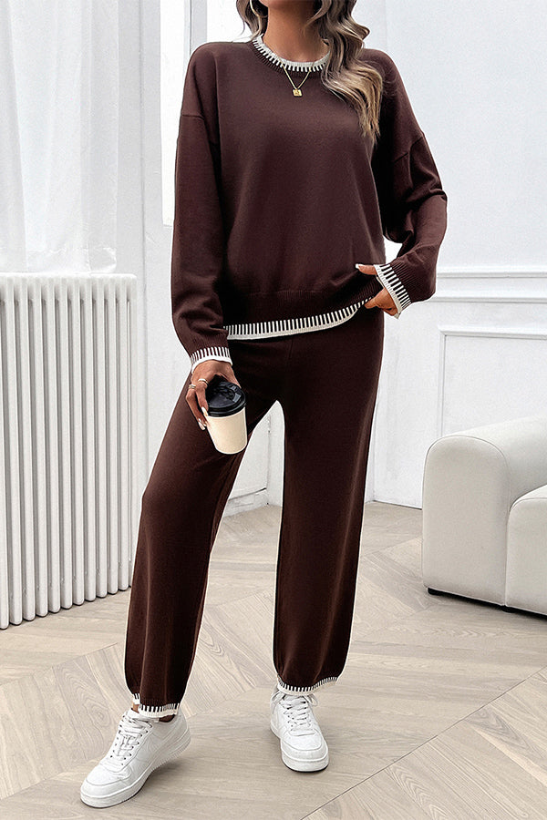 Home Casual Contrasting Color Knitted Sweater and Elastic Waist Loose Pants Set