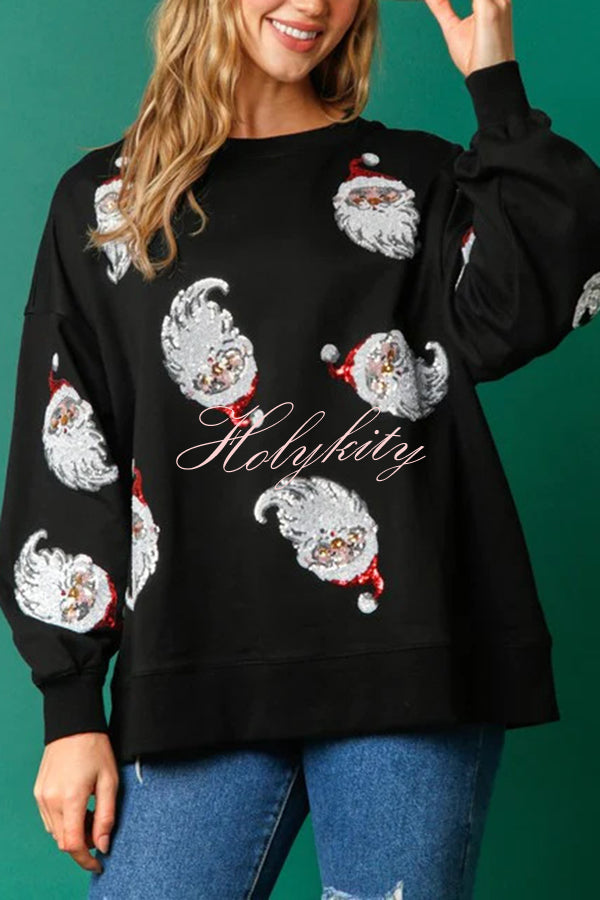 Santa Honey Sequin Christmas Pattern Loose Sweatshirt