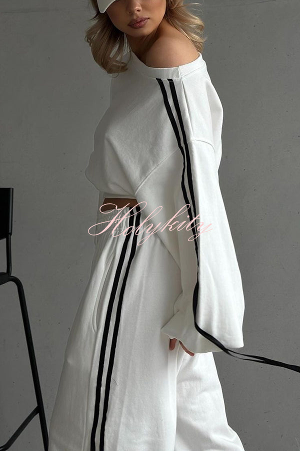 Contrast Color Webbing Casual Sweatshirt and Elastic Waist Tie Loose Pants Set