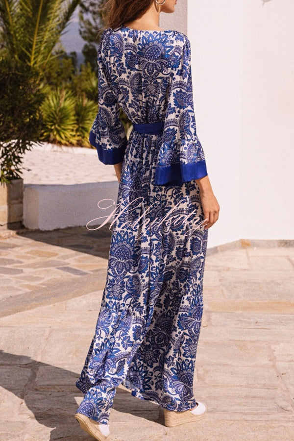 Greek Island Satin Unique Floral Print Tassel Belted Wrap Maxi Dress