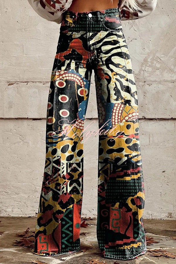 Beautiful Unique Print Button Pocket Wide Leg Pants