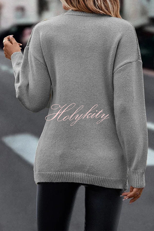 Solid Color V Neck Cross Jacquard Long Sleeved Sweater