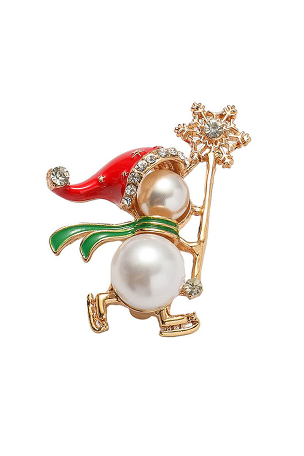 Christmas Snowman Diamond Pearl Ski Brooch