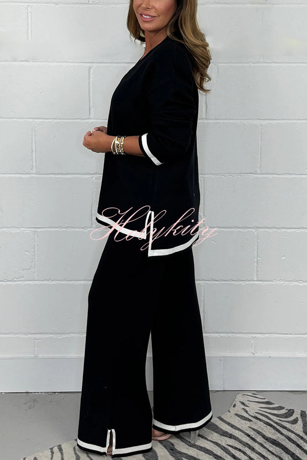 Solid Color V-neck Long-sleeved Loose Top and Elastic Waist Wide-leg Pants Set