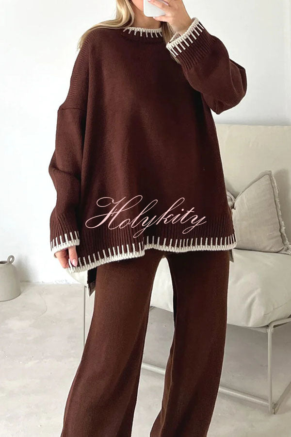 Life Memories Knit Contrast Stitch Trim Pullover Sweater and Stretch Loose Pants Set