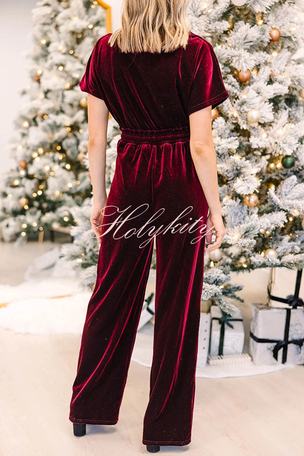 Holiday Star Velvet Lace Up Pocket Wide Leg Jumpsuit