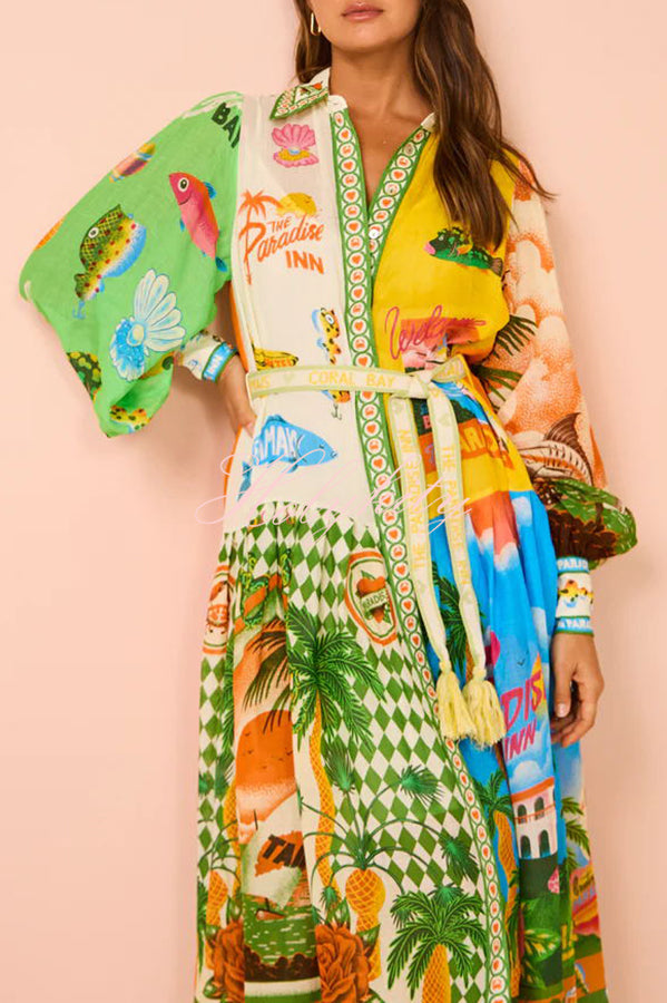 A World of Colour Unique Print Balloon Sleeve Belt Shirt Midi Dress