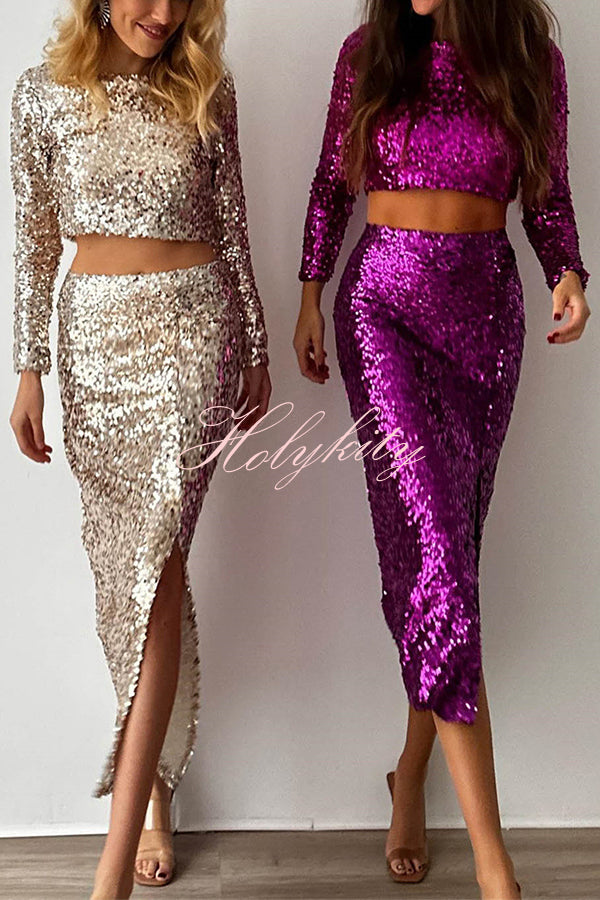 Solid Sequined Long-sleeved Crop Top and Sexy Slit Midi Skirt Set