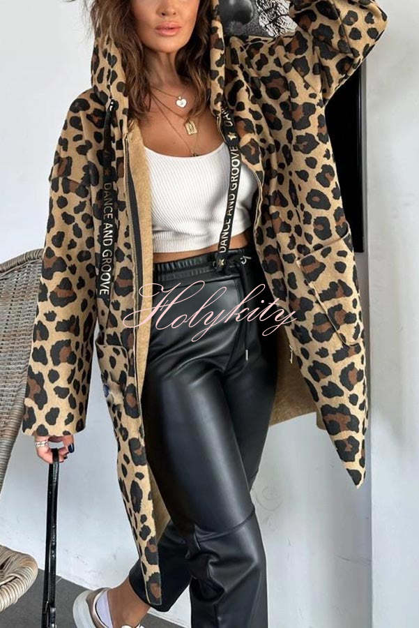 Fall Dreaming Animal Print Zipper Pocket Loose Hooded Midi Coat