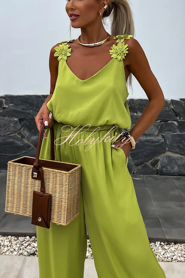 Solid Color Embroidered Flower Suspenders Casual Loose Jumpsuit