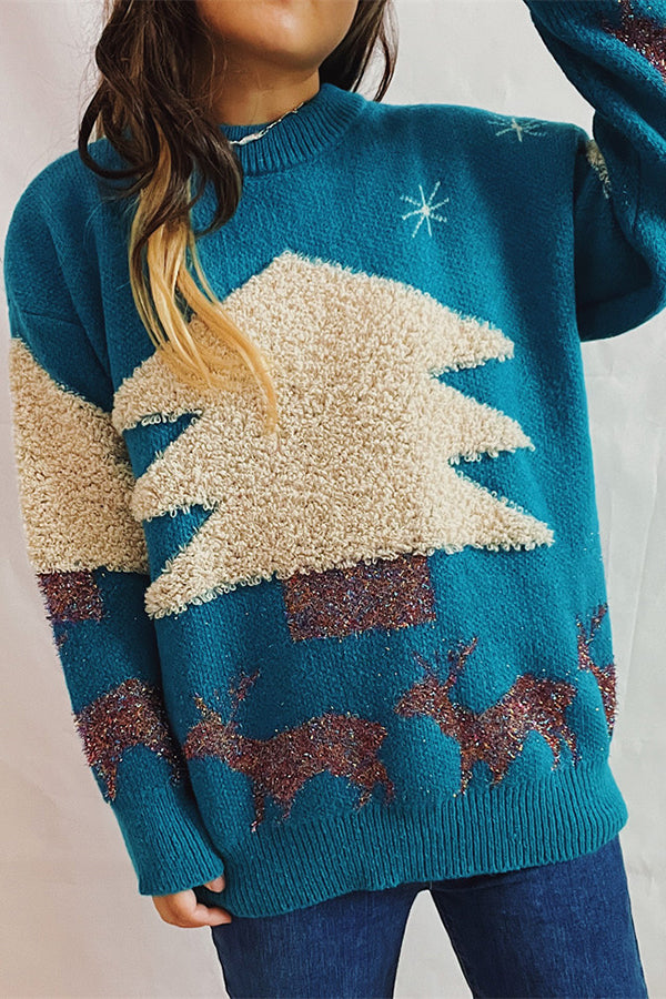 Christmas Pattern Knitted Crew Neck Long Sleeved Sweater