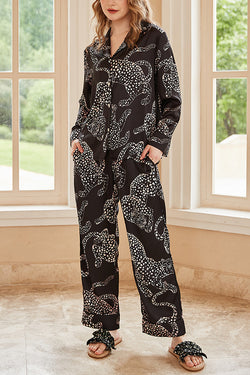 Black Jaguar Print Home Long-sleeved Two-piece Set