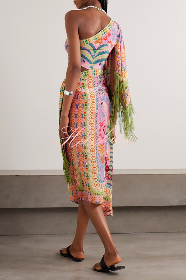 Fruits Queen Unique Print One Shoulder Fringe Detail Scarf Midi Dress