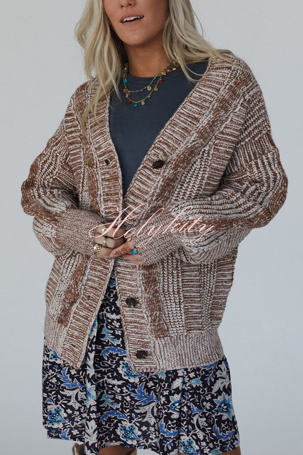 Casual V-neck Long-sleeved Striped Button-down Knitted Cardigan