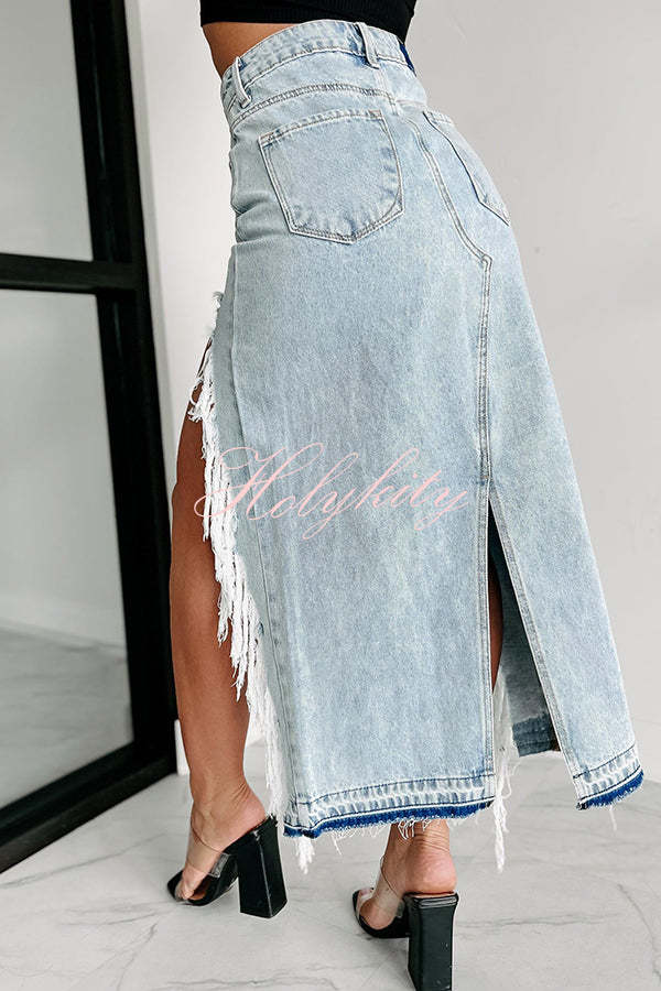 Darla Cutting Ties Heavily Distressed Denim Maxi Skirt