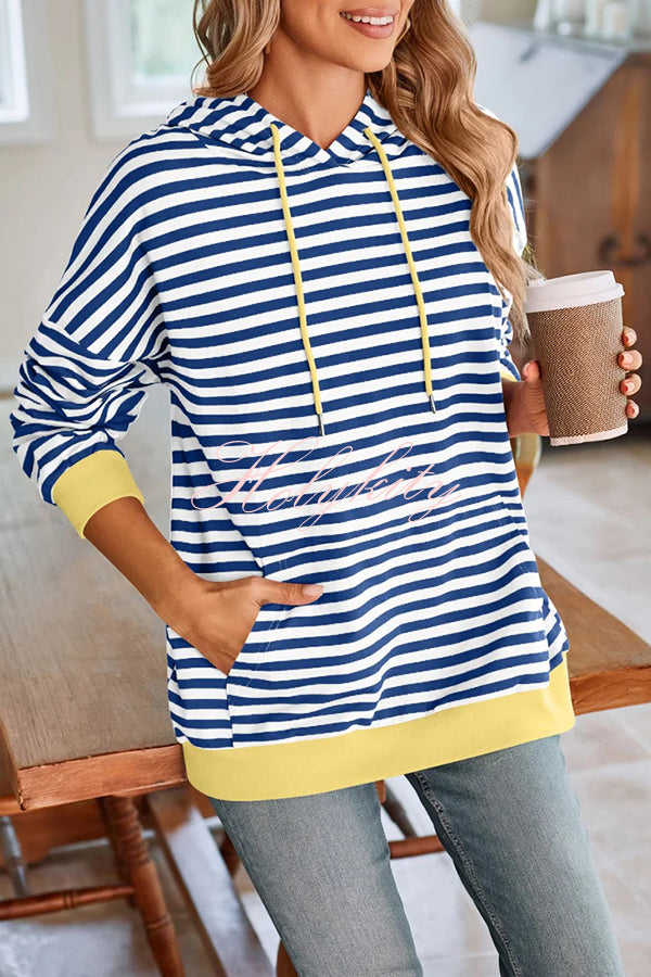 Striped Print Long Sleeve Pocket Loose Hoodie