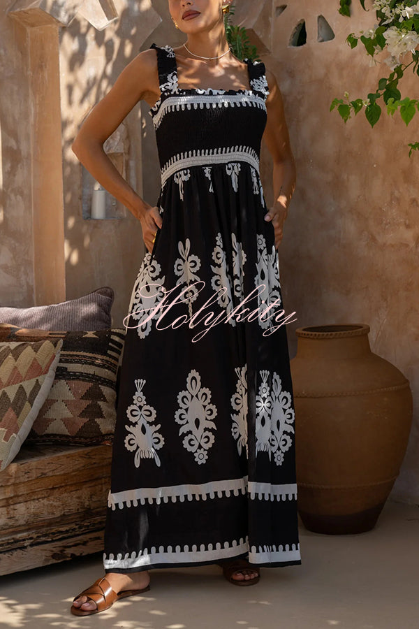 National Boho Style Unique Print Smocked Bust Wide Strap Pocket Maxi Dress