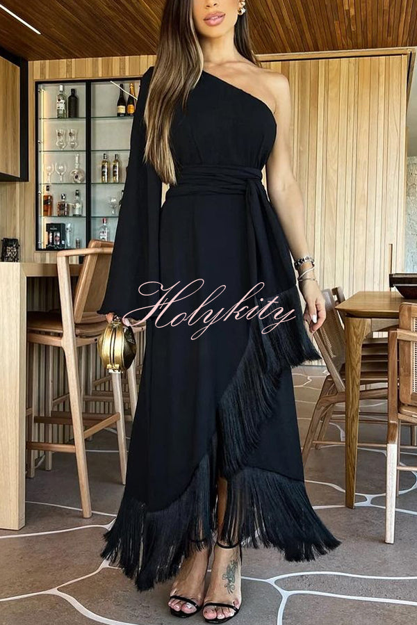 Solid Color One-sleeve Waisted Lace-up Fringed Hem Elegant Maxi Dress