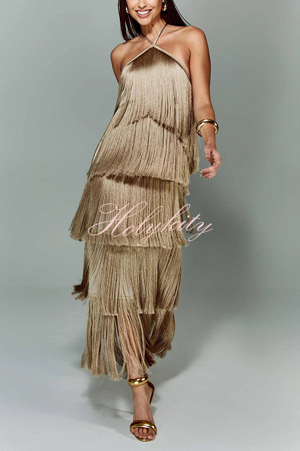 Sexy Halterneck Backless Elegant Fringe Maxi Dress