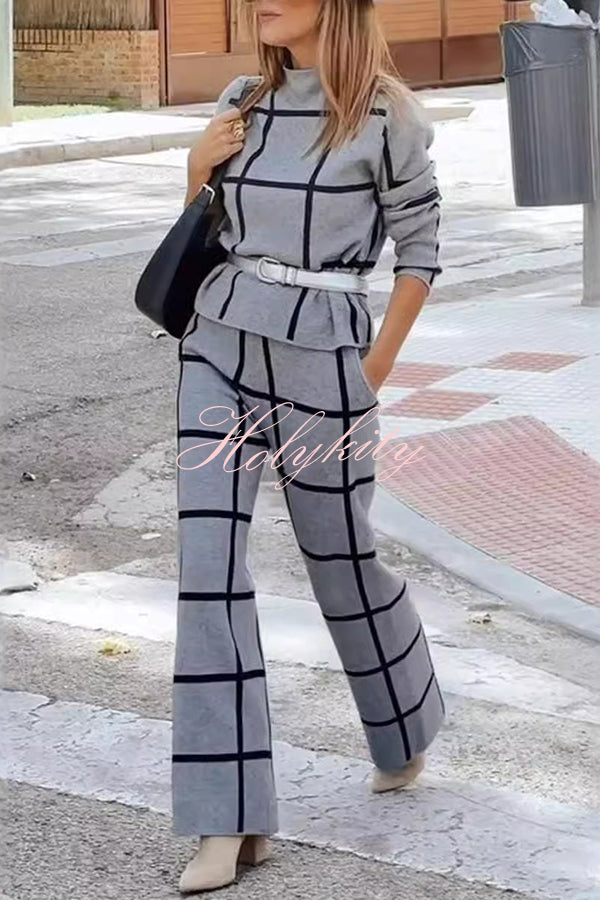 Fashionable Plaid Turtleneck Long Sleeve Top and Elastic Waist Tie Pocket Pants Set