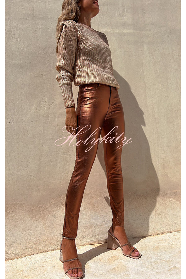 Sweet and Glitzy Metallic Color Pocket Faux Leather Stretch Pants