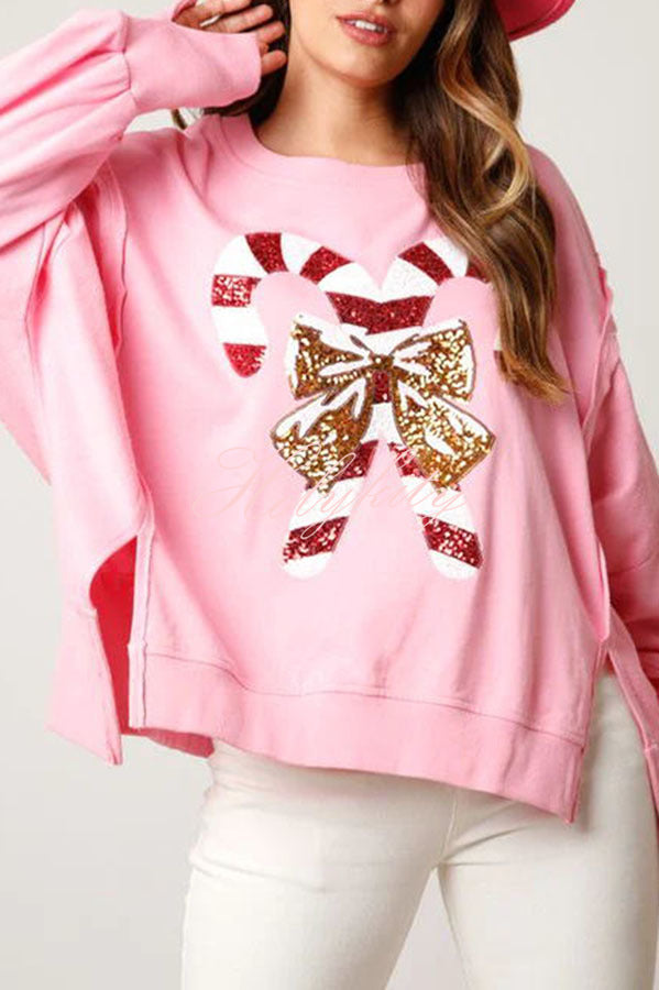 Candy Cane Lane Sequined Pullover Long Sleeved Sweatshirt