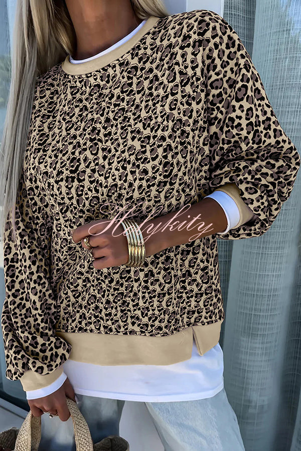 Leopard Print Crew Neck Patchwork Long sleeve Casual Loose Sweatshirt