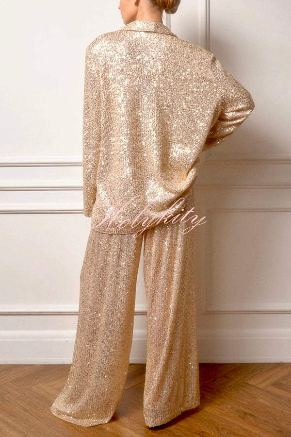 Solid Color Sequin Elastic Waist Elegant Loose Pants